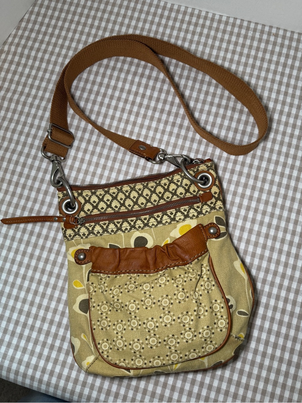 Fossil Boho Floral Canvas/Leather Trim Crossbody Bag  with chunky hardware